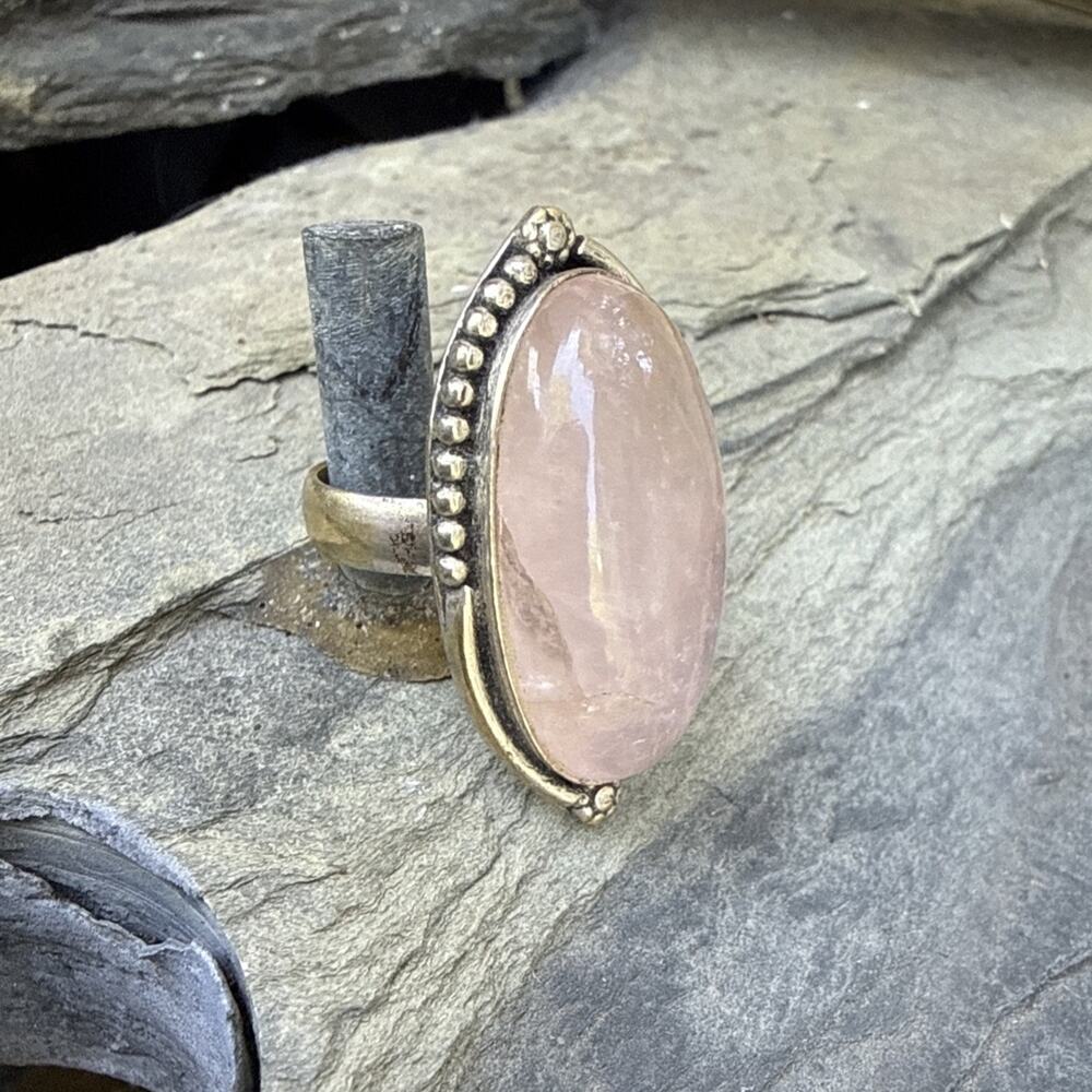925 Sterling Silver Gold Vermeil Rose Quartz Oval Statement Ring Size 7.5 Boho